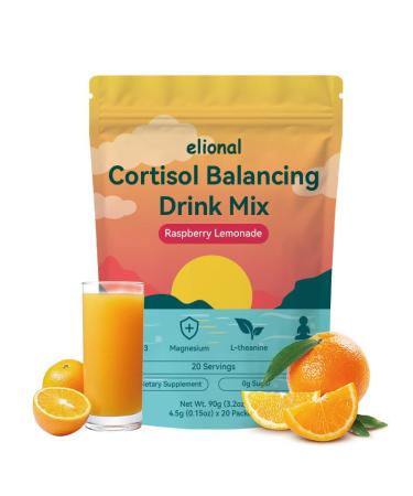 elional Cortisol Drink Mix for Mental Clarity & Digestive Comfort Ashwagandha + L-Theanine Powder Raspberry Lemonade Flavor 20 Single-Serve Packets (Raspberry Lemonade)