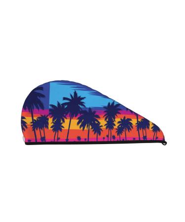 Hair Towel Wrap Hair Drying Towel with Button Towel Turban Head Towel to Dry Hair Quickly (Beach with Palm Trees)