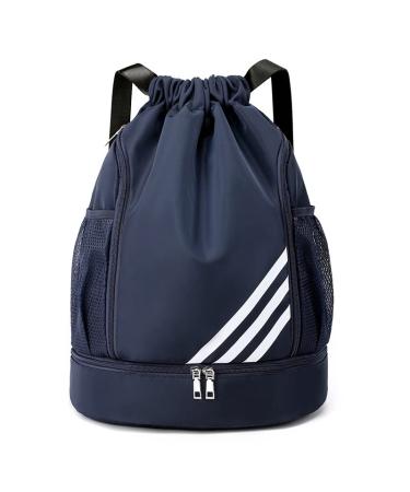 Barn Eleven 2023 New Design Sports Backpacks Waterproof Drawstring Backpack Sports Gym Bag With Shoe Compartment and Water Bottle Holder (Deep Blue)