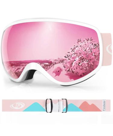 findway Kids Ski Goggles, Kids Snowboard Goggles for Boys Girls Toddler Age 3-14 White Frame Pink Silver Lens(vlt 21%)