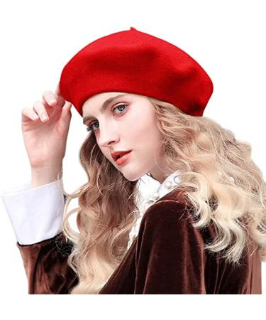 Womens Beret French Classic Beanie Hat Wool Beret Solid Color Red