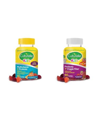 Culturelle Kids Probiotic Gummies for Ages 2+ - Peach-Orange & Mixed Berry Flavors & Daily Probiotic for Kids + Veggie Fiber Gummies (Ages 3+) - 60 Count - Digestive