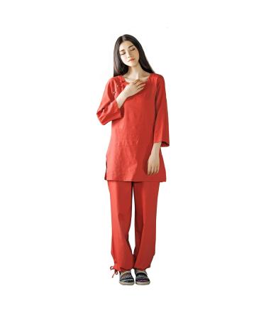 KSUA Women Zen Meditation Uniform Cotton Linen Tai Chi Clothes Kung Fu Clothing US M/ Tag L Red
