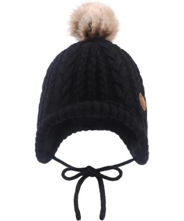 XIAOHAWANG Winter Baby Hat | Velvet Lined Toddler Beanie with Earflaps | Warm Infant Hat with Pompom for Girls | 0-6 Months | Black - Buy Online on GoSupps.com