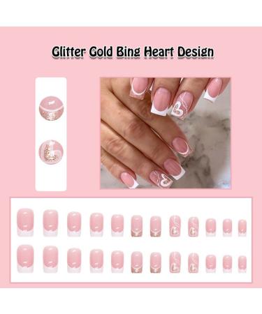 French Tip Press on Nails - Short Medium Coffin Design | White Glitter Gold Heart | 24Pcs Glue on Nails for Women | Perfect for Wedding & Birthday - Buy Online on GoSupps.com
