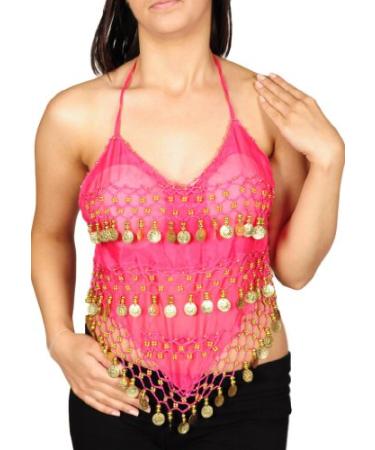 PEARL Belly Dance Costume Coin Bra Halter Top with Silver or Gold Coins - 7 Colors Fuchsia With Silver Coins