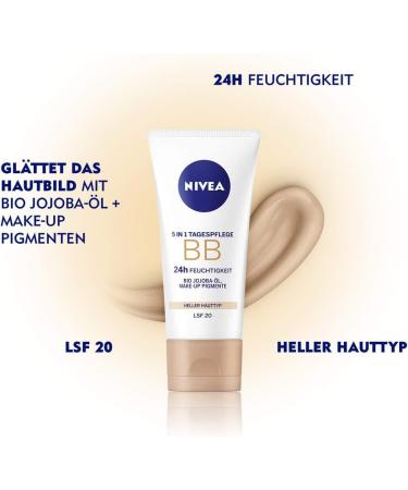 NIVEA BB 5 in 1 Day Cream 24h Moisture (50 ml) BB Cream for Light Skin Types with SPF 20 Tinted Day Cream with Organic Jojoba Oil & Makeup Pigments Light skin type - new formula - Buy Online on GoSupps.com