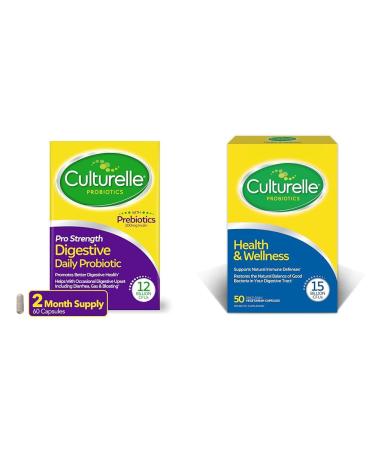 Culturelle Pro Strength Daily Probiotic Digestive Health Capsules 60 Count & Health Wellness Daily Probiotic Supplement 50 Count Bundle