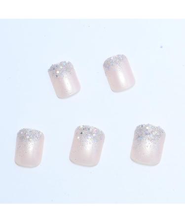Buy 24pcs Glitter Powder Press on Nails - Short Square False Nails with Silver White French Tip - Full Cover Acrylic Nails for Women & Girls - Buy Online on GoSupps.com
