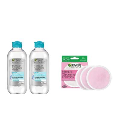 Garnier SkinActive Micellar Cleansing Water All-in-1 Cleanser & Waterproof Makeup Remover, 13.5 floz, 2 pack + EcoPads (Packaging May Vary) Bundle Bundle