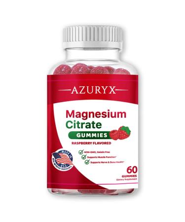Azuryx Magnesium Citrate Gummies - Supports Muscle Function Nerve and Bone Health Stress Relief Improve Sleep - Raspberry Flavor - 60 Gummies
