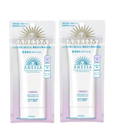 SHISEDO ANESSA Facial Tone Up Brightening UV Sunscreen Gel with Hyaluronic Acid  Collagen and Tea Extract - SPF 50+ PA++++ - Waterproof - Fruity Floral Scent - Made in Japan - Essential Hub - Set of 2 Pieces - 2 x 90 G.
