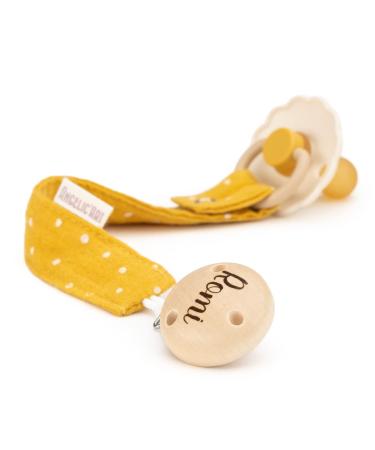 AngelicArt pacifier strap with engraved name for boys and girls - large selection of colors - gift for baby (mustard yellow-dotted)