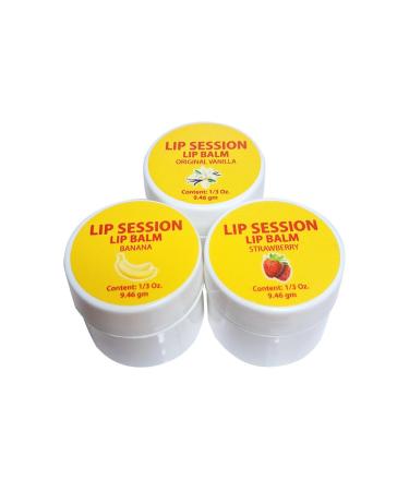 Lip Session Lip Balm Assorted Flavors 3 Pack of Jars .33 Oz. - Vanilla (Original) Strawberry & Banana with Vitamin E & Cocoa Butter - Soothes Dry Cracked or Chapped Lips 1