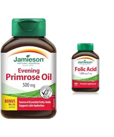 Evening Primrose Oil 500 mg Softgels - With Vitamin E Gluten-Free 180 Count (Pack of 1) & Folic Acid 1000mcg 100's 100 Tablets SUPPLEMENT + VITAMIN B0045P912Y