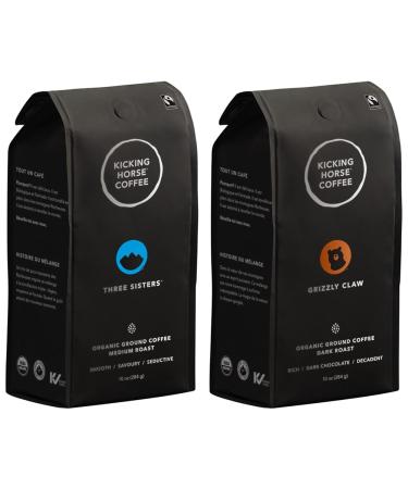Kicking Horse Coffee - Three Sisters Blend Ground 100% Arabica Coffee Medium Roast All Organic & Fairtrade 284 g & Grizzly Claw Blend Ground 100% Arabica Coffee Three Sisters + Grizzly Claw 284.00 g (Pack of 1)