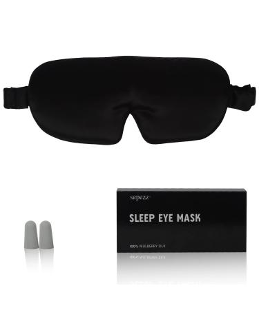 Silk Sleep Mask 100% Mulberry Sleeping Mask with Adjustable Silk Eye Mask for Sleeping Women and Men Sleep Eye Mask for Travel Home and Office (Black)
