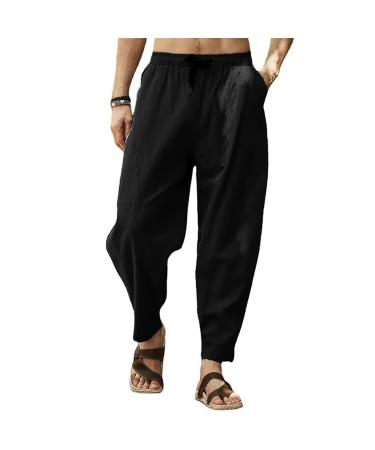 MorwenVeo Men's Cotton Linen Pants Drawstring Elastic Waist Yoga Beach Pants Casual Lightweight Hippie Trousers Black-a 3X-Large