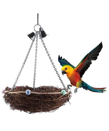 Bird Cage Toys Natural Rattan Birds Nest with 2 Metal Bells for Budgies Cockatiel Parrots Parakeets Lovebirds African Greys Cockatoo Biting Chewing Swing Standing Perching Toy(27 x 12cm)