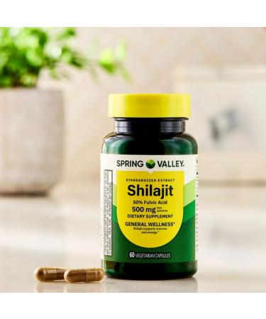 Spring Valley Shilajit Dietary Supplement 50% Fulvic Acid 500 mg Vegetarian Capsules for General Wellness 60 Count - Buy Online on GoSupps.com