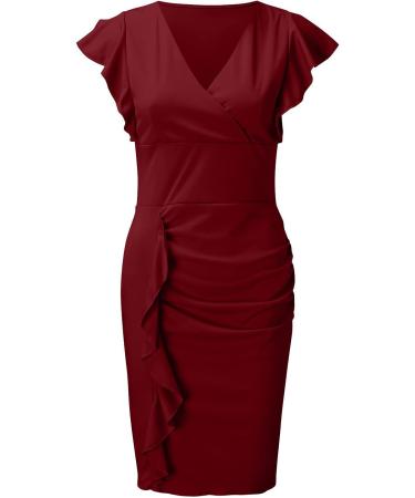 Briskorry V-Neck Floral Case Lighter Knielang Business Dresses - Elegant Women's Summer Festival & Party Dresses with Ruffled Hem - Vintage M Wine-1 - Buy Online on GoSupps.com
