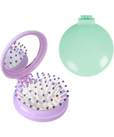 Folding Hair Brush with Mirror,Round Mini Compact Massage Comb for Purse/Pocket,Travel Size for Girls and Women (Purple+Green)
