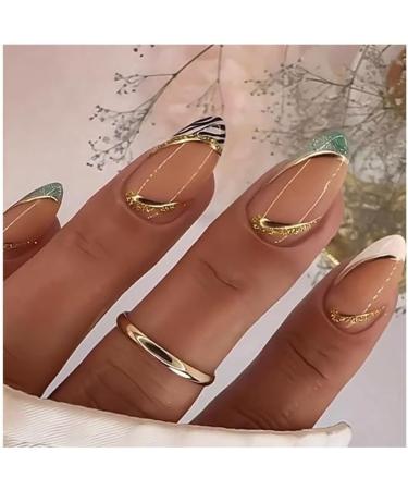 French Tip Press on Nails with Nail Tips Green almond shaped fake nails with black and gold stripe design press on nails Acrylic False Nails Cute Artificial Nails - Buy Online on GoSupps.com