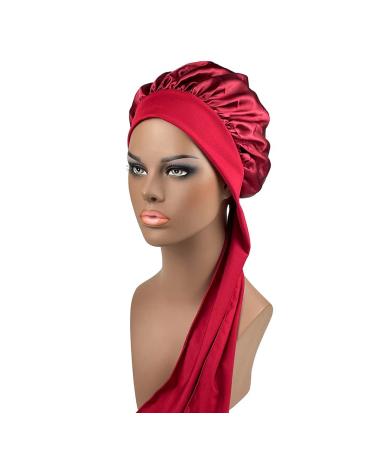 Satin Bonnet for Women Jumbo Silk Bonnet for Curly Hair Silk Hair Wrap for Sleeping Satin Bonnet with Stretchy Tie Band Burgundy