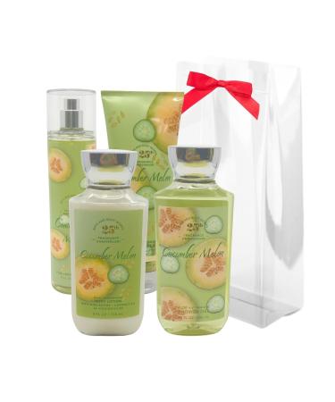 Bath & Body Works CUCUMBER MELON 4-piece Gift Set with a Red Bow for Holiday & Gifts - Shower Gel Body Cream Mist and Body Lotion - Limited Edition