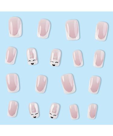 French Tip Press on Nails - Short Square Press On Nails with Nail Tips Cartoon cute rabbit white edge French fake nails press on nails Acrylic False Nails Cute Artificial Nails - Buy Online on GoSupps.com