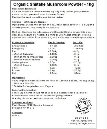 Organic Shiitake Mushroom Powder - 1kg - Tea Soup Smoothies - Buy Online on GoSupps.com