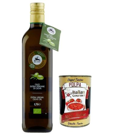 Italian Gourmet E.R. Alce Nero Olio 100% Italian Extra Virgin Olive Oil with organic Italian olives 750ml glass bottle + 400g tin of Gourmet Italian Polpa di Pomodoro