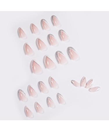 24pcs Short Oval White Glitter Silver Edge French Tip False Nails Set - Press On Nails for Women & Girls | Removable Glue-on Acrylic Full Cover Nail Art Accessories - Buy Online on GoSupps.com
