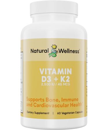 Natural Wellness Vitamin D3 + K2 High Potency Vitamin D3 2500 IU & K2 MK-7 45 mcg Supports Bone Strength Heart Health Immunity & Metabolism - All-in-One Natural Vegan Supplement 90 Capsules