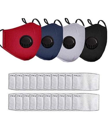 Reusable and Breathable Face Bandanas with Breathing Valve & 20pcs Activated Carbon Filters (4pcs+20filters)