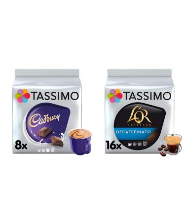Tassimo Cadbury Hot Chocolate Pods x8 (Pack of 5 Total 40 Drinks) & L'OR Espresso Decaffeinato Coffee Pods x16 (Pack of 5 Total 80 Drinks) + Espresso Decaffeinato Coffee Pods