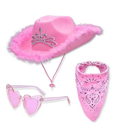 Light up Cowboy & Cowgirl Hat for Women | Western Cowboy Style Light Up Tiara with Bandana and heart shape Sunglasses Pink