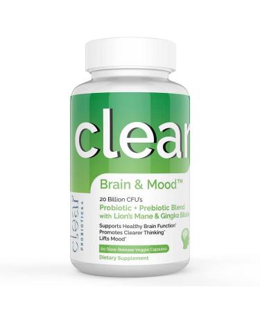 Clear Probiotics Brain and Mood - Brain Fog - Brain Cell Generation and Growth - Improved Mental Acuity - Memory - Balanced Microbiome - Ginkgo Biloba - Lions - Mane - 60 Count 60 Count (Pack of 1)
