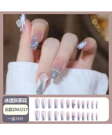 24Pcs/Set Press On Nails Long Ice Transparent Grey Camellia Flower Diamond Chain False Nails Acrylic Fake Nails Full Cover Nails Tips Artificial Finger Manicure Press on nails for Women and Girls - Buy Online on GoSupps.com