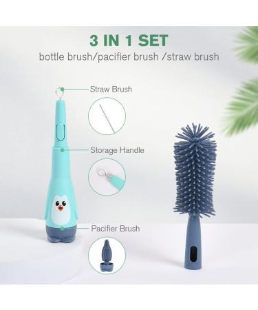 Vicloon 2 in 1 Baby Bottle Brush - Silicone Cleaner for Water Bottles, Glass Cups, Thermoses - Blue Penguin Design - Buy Online on GoSupps.com