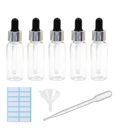 5Pcs Transparent Dropper Bottle 10ML Plastic Eye Dropper Bottles for Essential Oil Pipette Refillable - with Measured Pipette Funnel and Labels (30ml Black + Silver Cap)