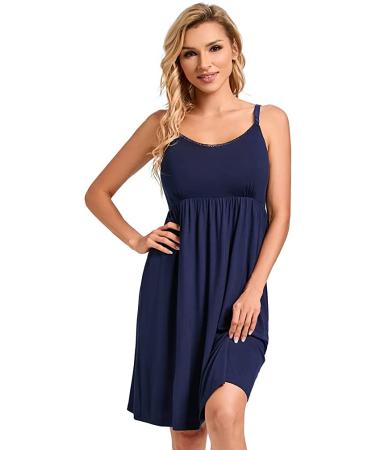 Sosolism Women's Nursing Nightdress with Padded Lace Trim Breastfeeding Dress Adjustable Strap Maternity Nursing Dress Dark Blue M