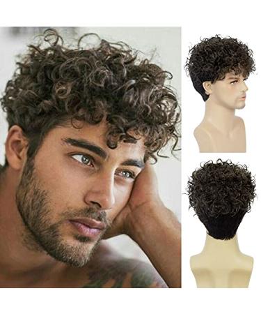 Baruisi Mens Curly Wig Short Brown Synthetic Halloween Costume Cosplay Wigs ash brown