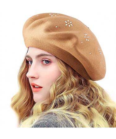 LADYBRO Rhinestone Beret Hats for Women 2 Layers Wool French Hat Lady Winter Black Red Light Tan (Floral Pattern)