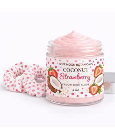 Coconut Strawberry Creamy Body Scrub and Scrunchies for Women Exfoliating & Hydrating Bath Scrub for Smooth Soft & Glowing Skin Fruity Tropical Scent 4 oz