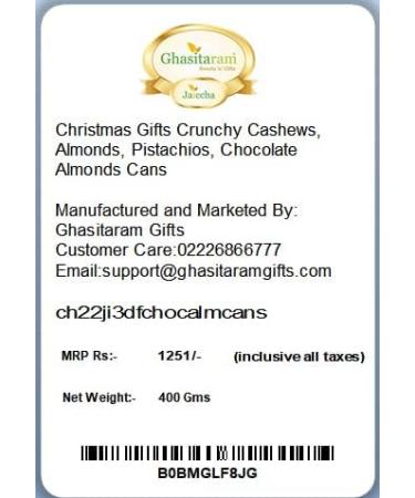 Jaiccha Ghasitaram Christmas Gifts Crunchy Cashews Almonds Pistachios Chocolate Almonds Cans Cashews Almonds Pista Choco Almonds Cans Cap - Buy Online on GoSupps.com