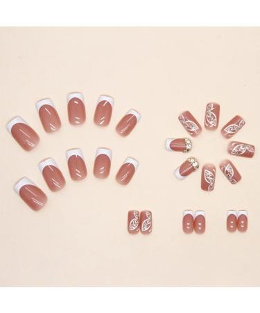 JUSTOTRY 24 Pcs Diamond Short Butterfly White French Press on Fake Nails with Nail Glue - Squoval Shape Medium Length for Women's Nail Art - Buy Online on GoSupps.com