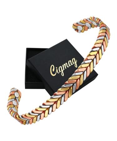 Cigmag Copper Magnetic Bracelet for Women 99% Solid Pure Copper Ultra Strength Magnet Adjustable Brazaletes Cuff Bangle with Gift Box (Tricolor Feather)