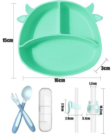Non-Slip Silicone Baby Suction Plate Set with Divided Placemat - Green | Includes Bendable Fork & Spoon | Toddler Feeding Plate for Self Feeding Training - Buy Online on GoSupps.com