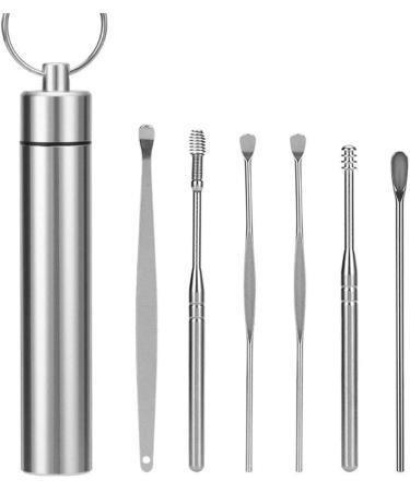 Earpick 6-Piece in Aluminum Barrel Elastic Mallet Spring Head 360 Degree Rotation Ladle Ear Silver
